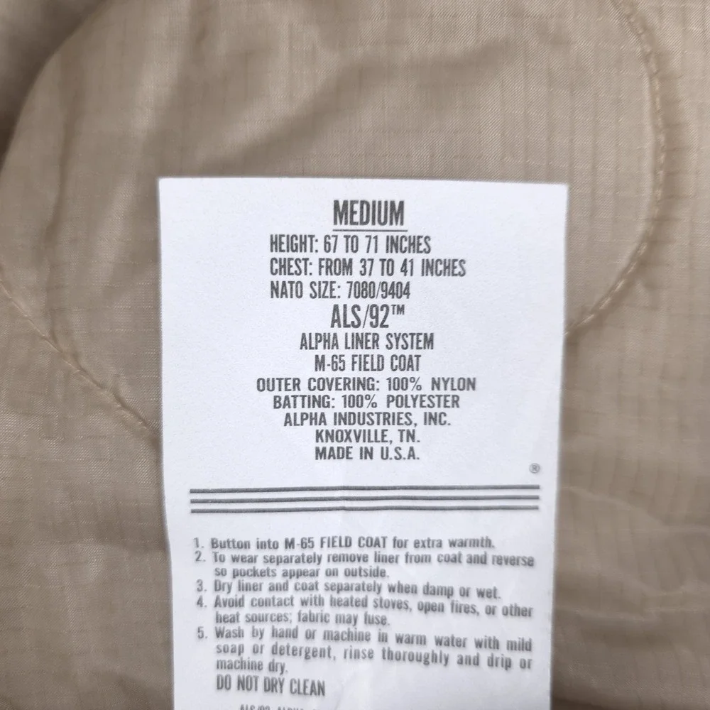 Alpha Industries M65 Field Coat Mens Medium Beige Cold Weather with ALS/92 Liner